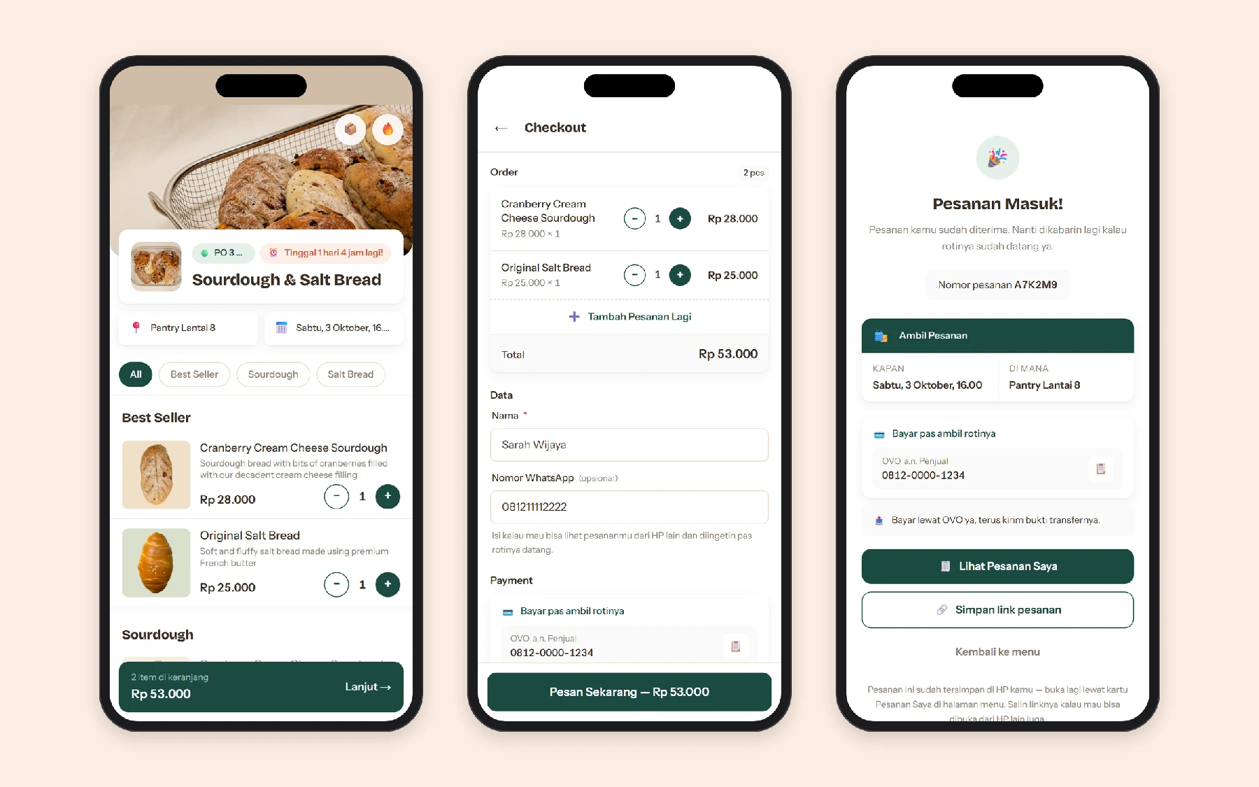 Menu, checkout, and the confirmation screen. Demo data.