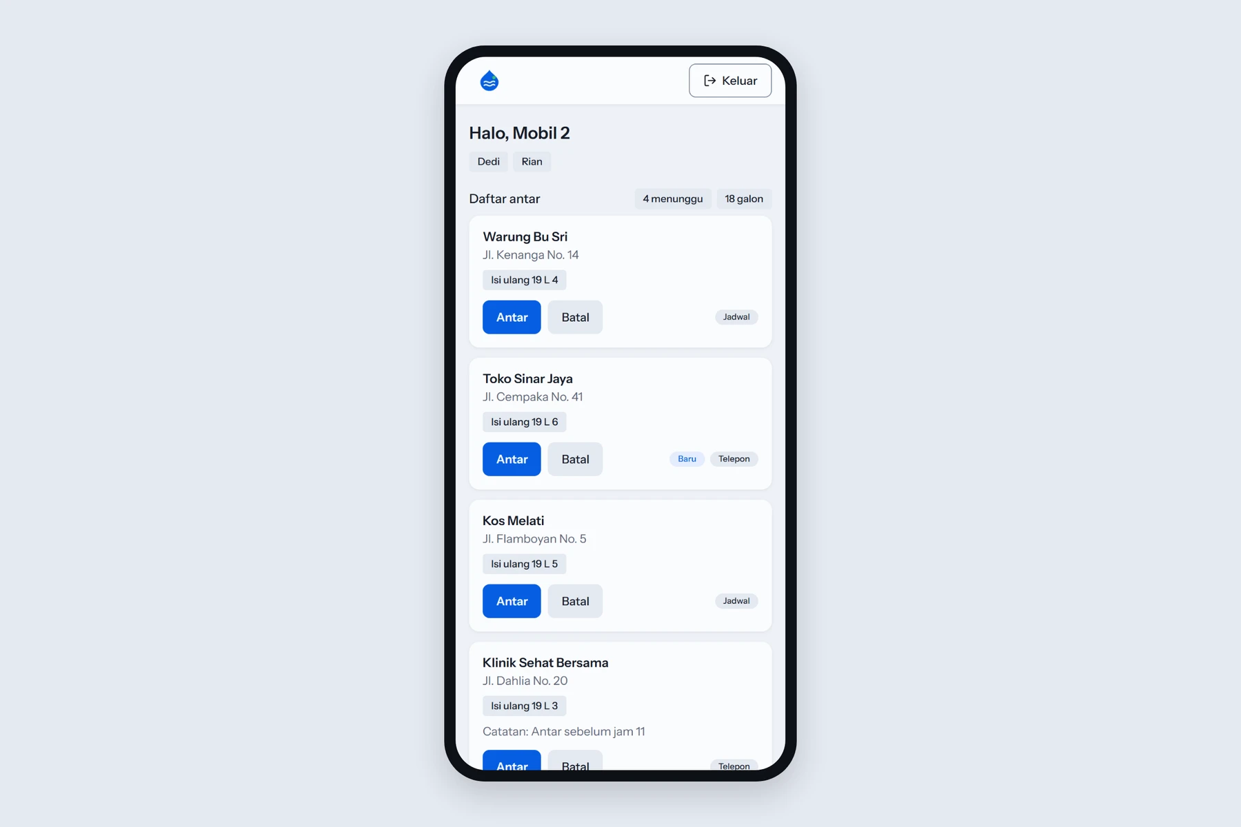 Delivery list hari ini di HP mobil. Pesanan telepon baru muncul dengan tanda "baru".