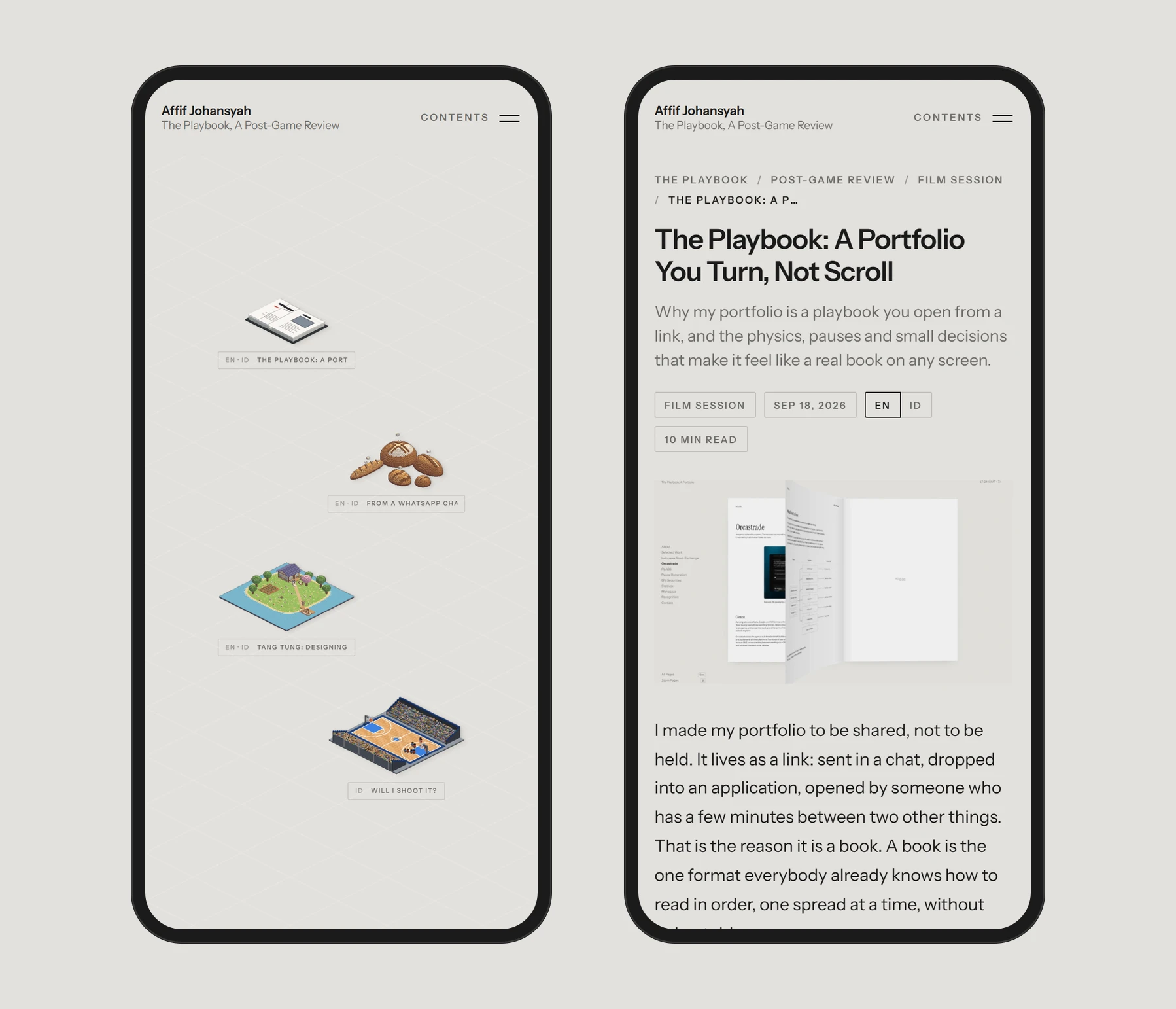 On a phone the floor becomes a staggered column, and the review keeps its language switch.