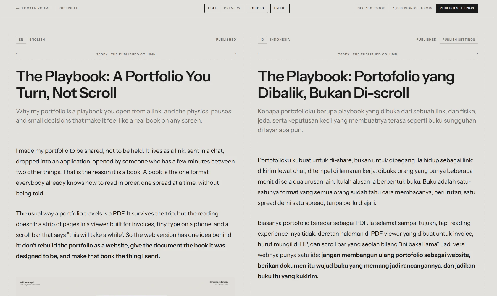 The editor with both languages side by side, each in its own published-width column.