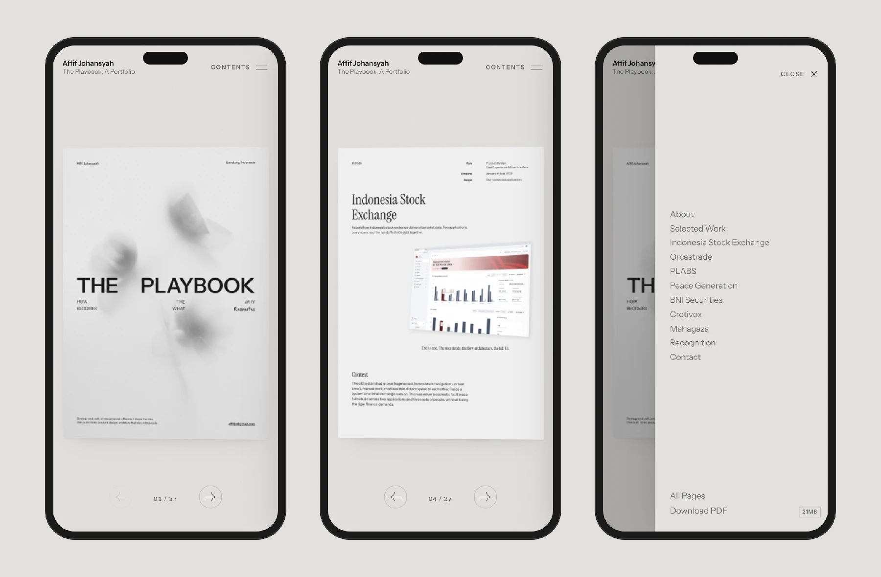 The cover, a project page and the Contents drawer on a phone.